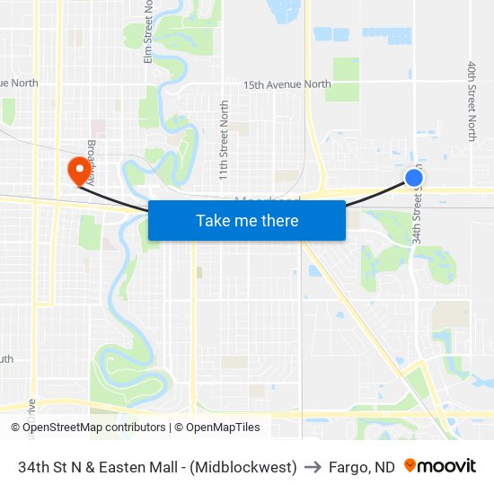 34th St N & Easten Mall - (Midblockwest) to Fargo, ND map