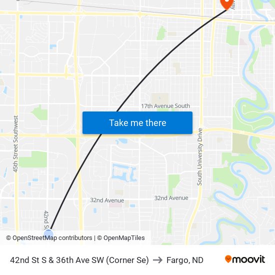 42nd St S & 36th Ave SW (Corner Se) to Fargo, ND map