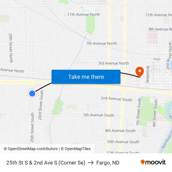 25th St S & 2nd Ave S (Corner Se) to Fargo, ND map