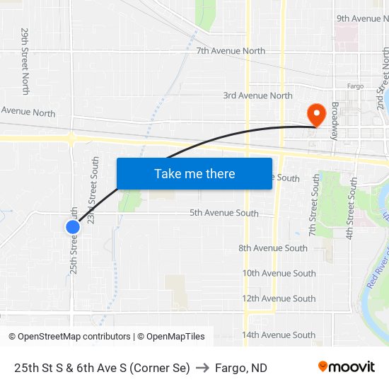 25th St S & 6th Ave S (Corner Se) to Fargo, ND map