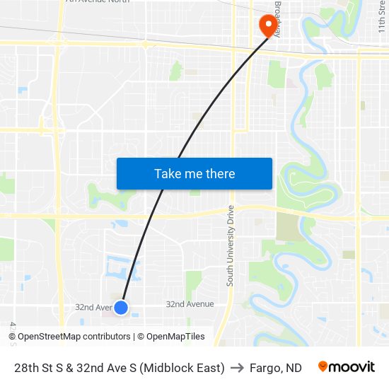 28th St S & 32nd Ave S (Midblock East) to Fargo, ND map