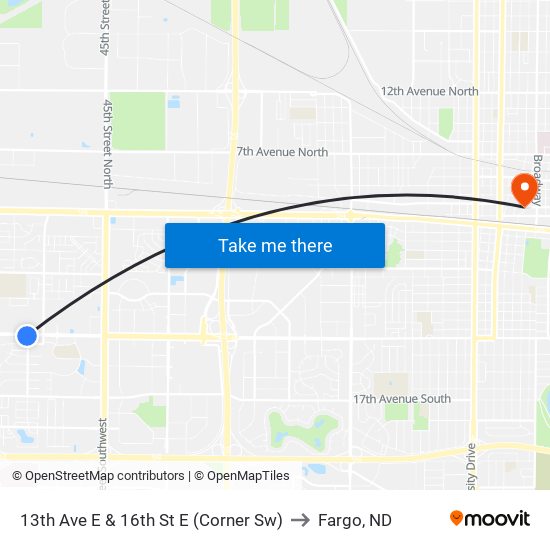 13th Ave E & 16th St E (Corner Sw) to Fargo, ND map