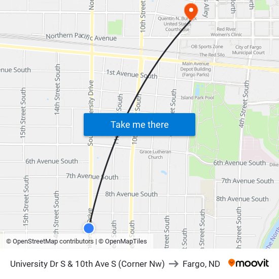 University Dr S & 10th Ave S (Corner Nw) to Fargo, ND map