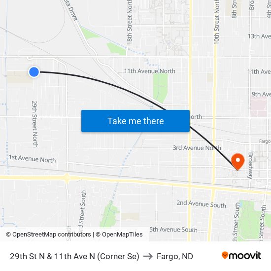 29th St N & 11th Ave N (Corner Se) to Fargo, ND map