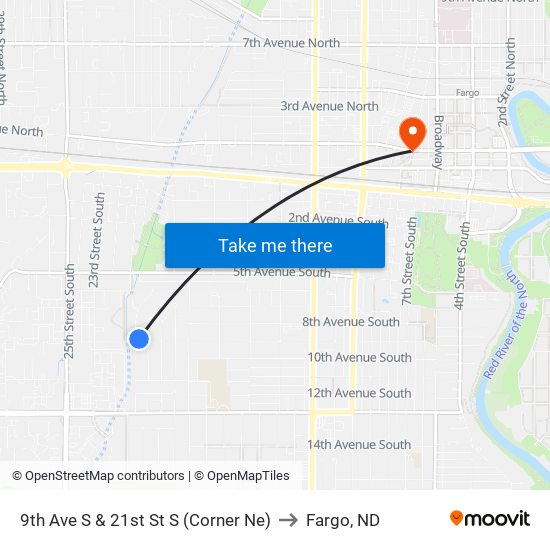 9th Ave S & 21st St S (Corner Ne) to Fargo, ND map