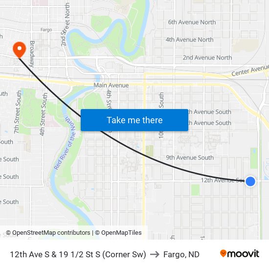 12th Ave S & 19 1/2 St S (Corner Sw) to Fargo, ND map