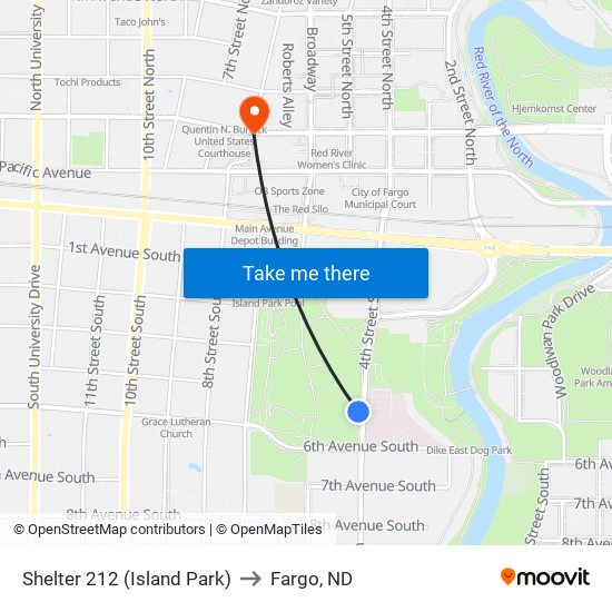 Shelter 212 (Island Park) to Fargo, ND map