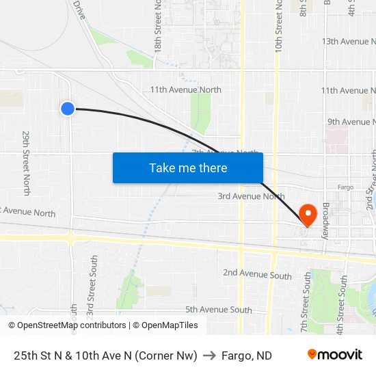 25th St N & 10th Ave N (Corner Nw) to Fargo, ND map