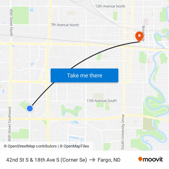 42nd St S & 18th Ave S (Corner Se) to Fargo, ND map