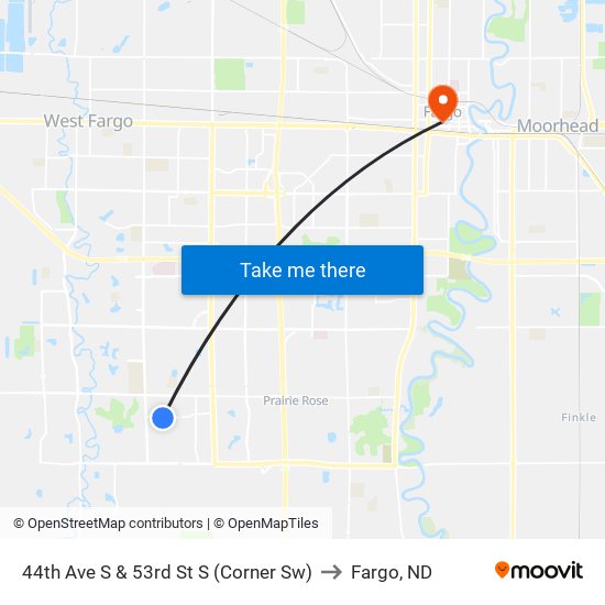 44th Ave S & 53rd St S (Corner Sw) to Fargo, ND map