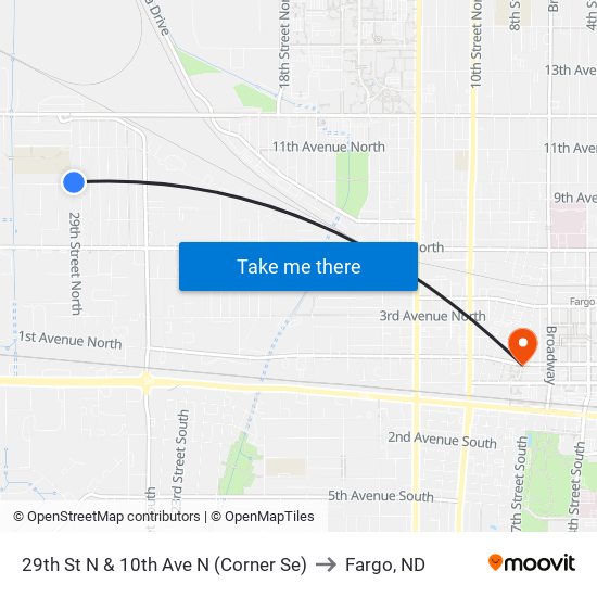 29th St N & 10th Ave N (Corner Se) to Fargo, ND map