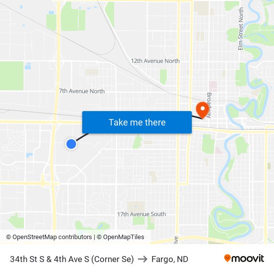 34th St S & 4th Ave S (Corner Se) to Fargo, ND map