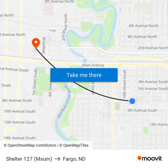 Shelter 127 (Msum) to Fargo, ND map