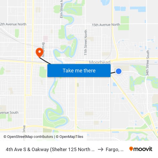 4th Ave S & Oakway (Shelter 125 North T) to Fargo, ND map