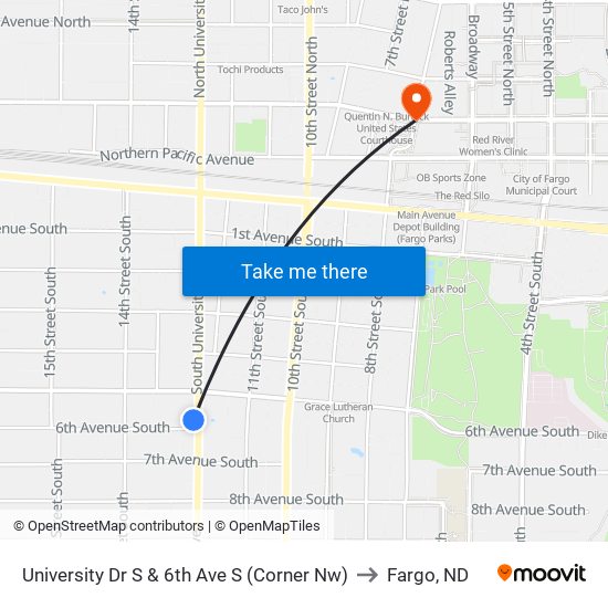 University Dr S & 6th Ave S (Corner Nw) to Fargo, ND map