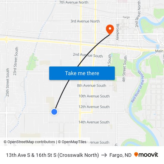 13th Ave S & 16th St S (Crosswalk North) to Fargo, ND map