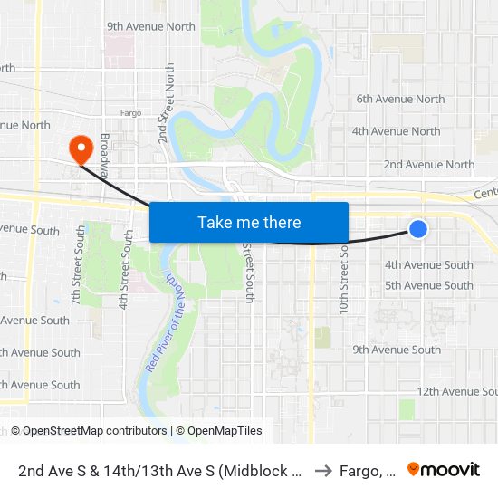 2nd Ave S & 14th/13th Ave S (Midblock North) to Fargo, ND map