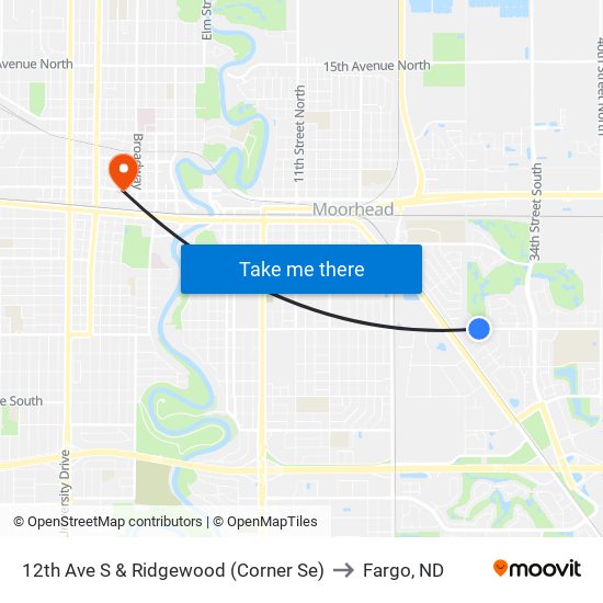 12th Ave S & Ridgewood (Corner Se) to Fargo, ND map