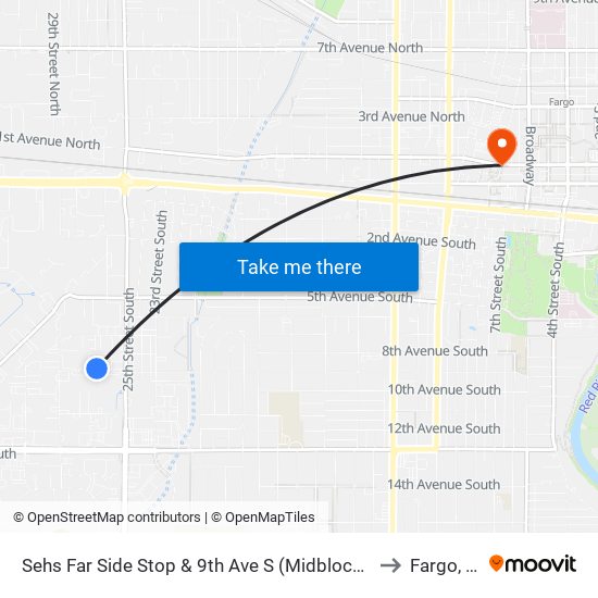 Sehs Far Side Stop & 9th Ave S (Midblock North) to Fargo, ND map