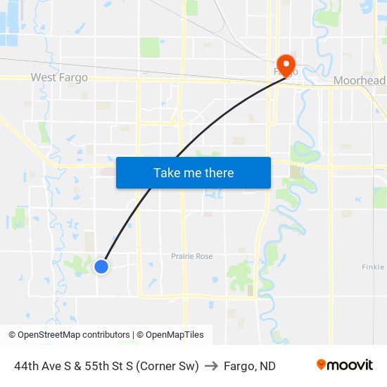 44th Ave S & 55th St S (Corner Sw) to Fargo, ND map