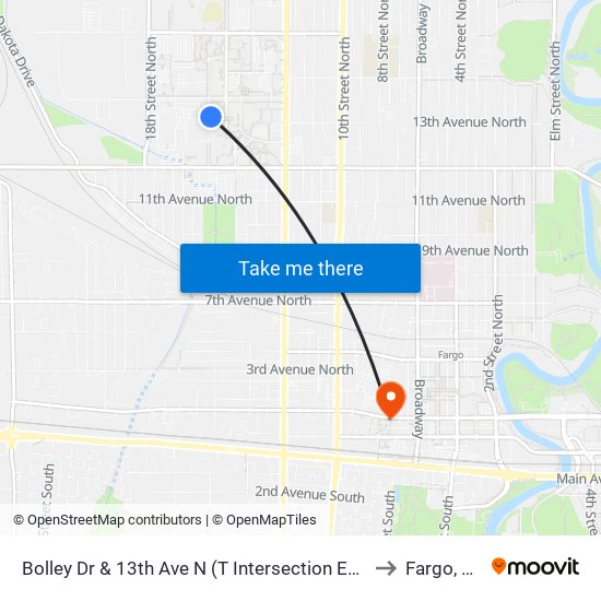 Bolley Dr & 13th Ave N (T Intersection East) to Fargo, ND map