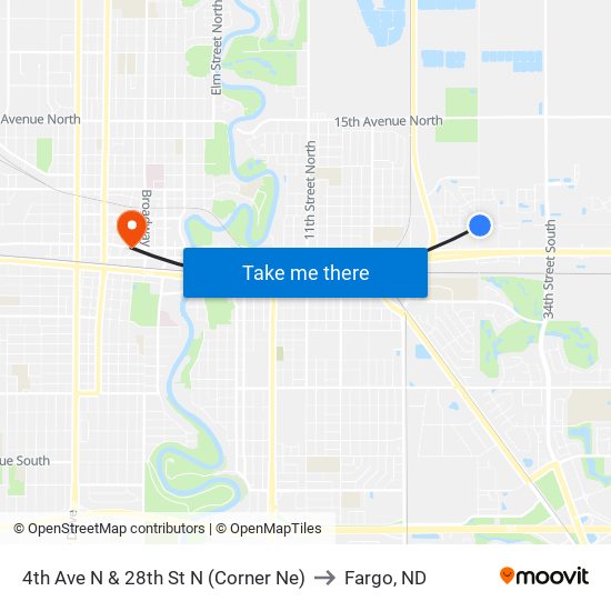 4th Ave N & 28th St N (Corner Ne) to Fargo, ND map