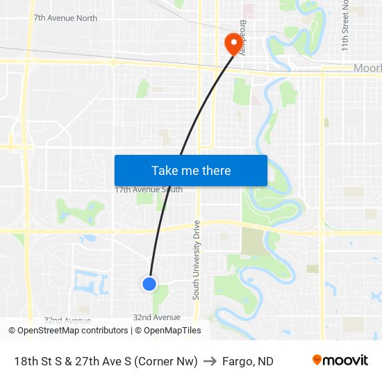 18th St S & 27th Ave S (Corner Nw) to Fargo, ND map