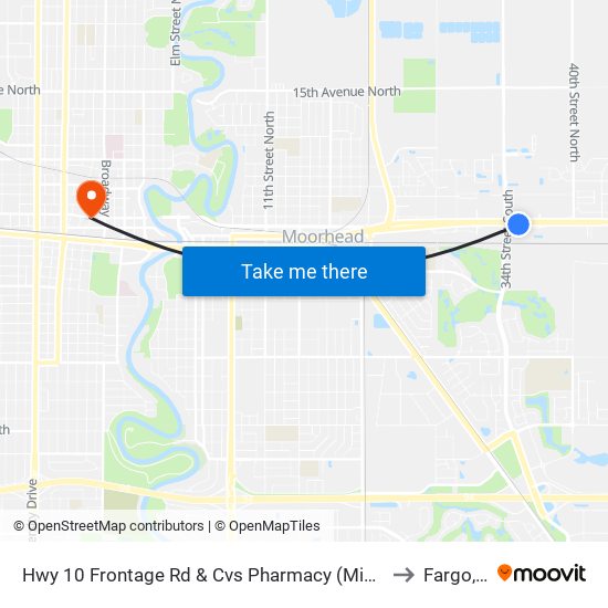 Hwy 10 Frontage Rd & Cvs Pharmacy (Midblock North) to Fargo, ND map