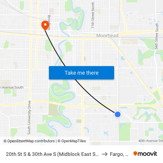 20th St S & 30th Ave S (Midblock East Side) to Fargo, ND map