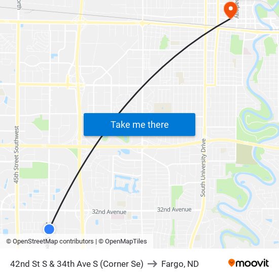 42nd St S & 34th Ave S (Corner Se) to Fargo, ND map