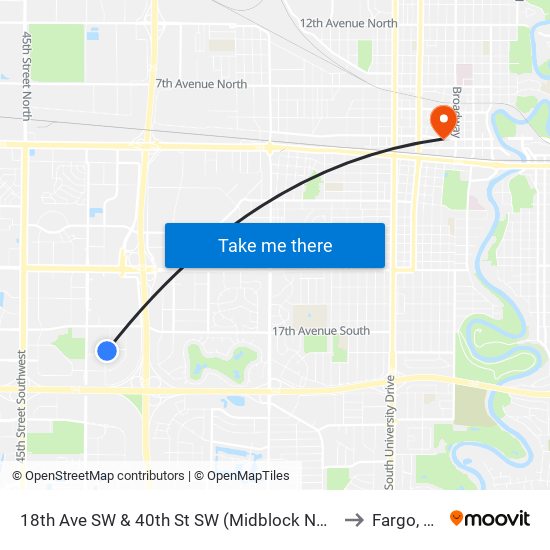 18th Ave SW & 40th St SW (Midblock North) to Fargo, ND map