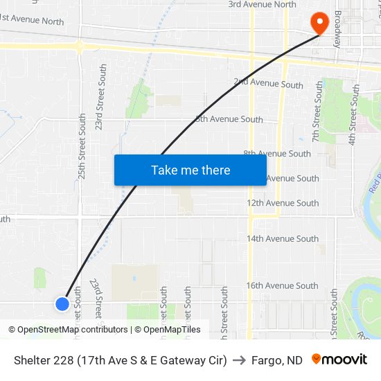 Shelter 228 (17th Ave S & E Gateway Cir) to Fargo, ND map
