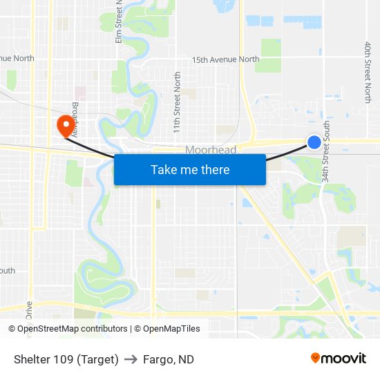 Shelter 109 (Target) to Fargo, ND map