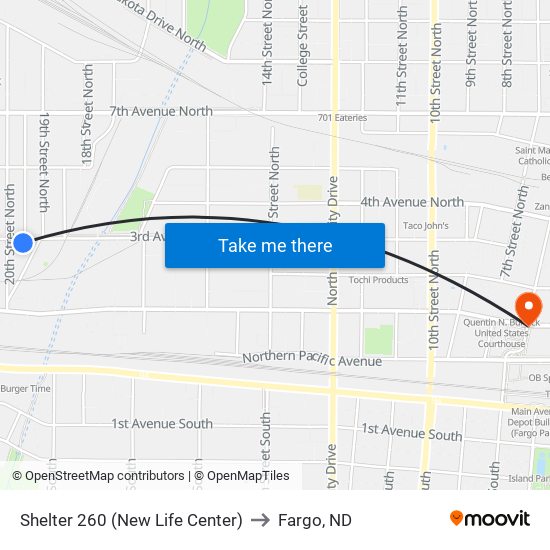 Shelter 260 (New Life Center) to Fargo, ND map