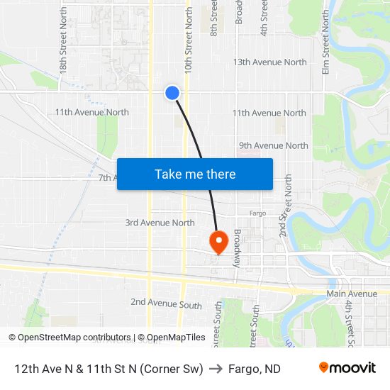 12th Ave N & 11th St N (Corner Sw) to Fargo, ND map