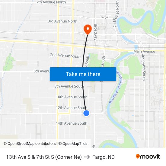 13th Ave S & 7th St S (Corner Ne) to Fargo, ND map