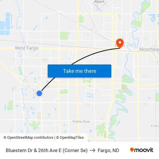 Bluestem Dr & 26th Ave E (Corner Se) to Fargo, ND map