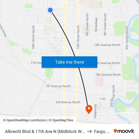 Albrecht Blvd & 17th Ave N (Midblock West) to Fargo, ND map