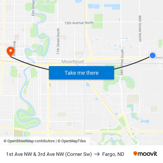 1st Ave NW & 3rd Ave NW (Corner Sw) to Fargo, ND map