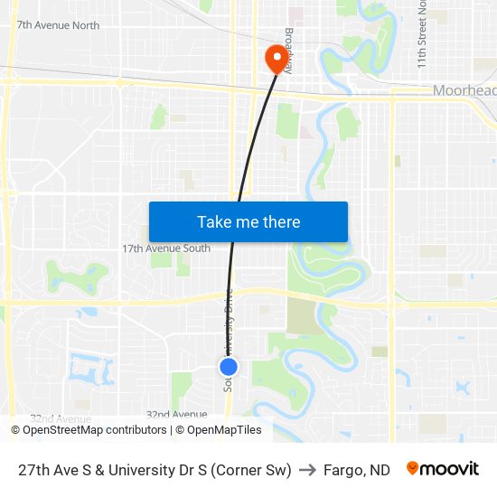 27th Ave S & University Dr S (Corner Sw) to Fargo, ND map