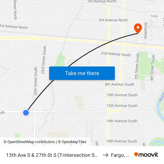 13th Ave S & 27th St S (T-Intersection South) to Fargo, ND map