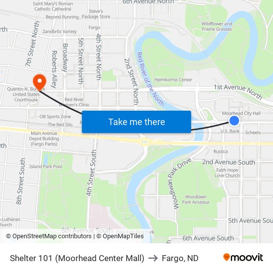Shelter 101 (Moorhead Center Mall) to Fargo, ND map