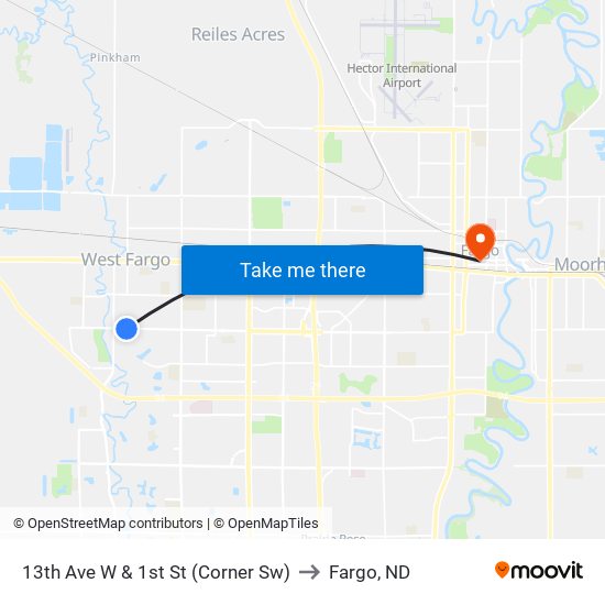 13th Ave W & 1st St (Corner Sw) to Fargo, ND map