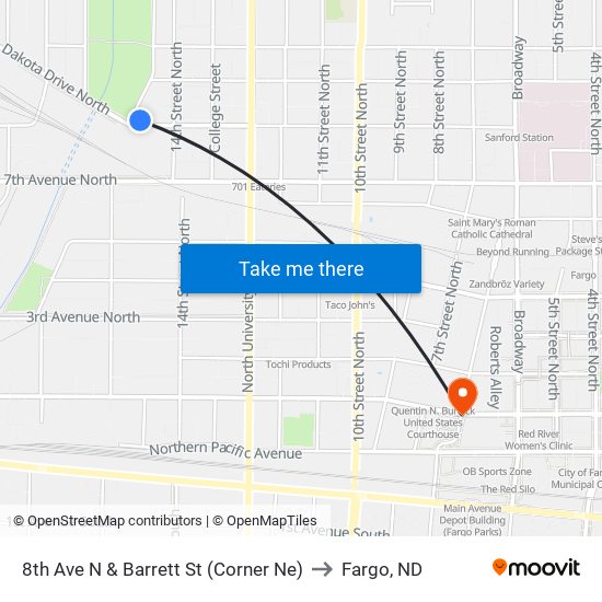 8th Ave N & Barrett St (Corner Ne) to Fargo, ND map