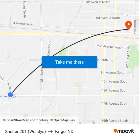 Shelter 201 (Wendys) to Fargo, ND map