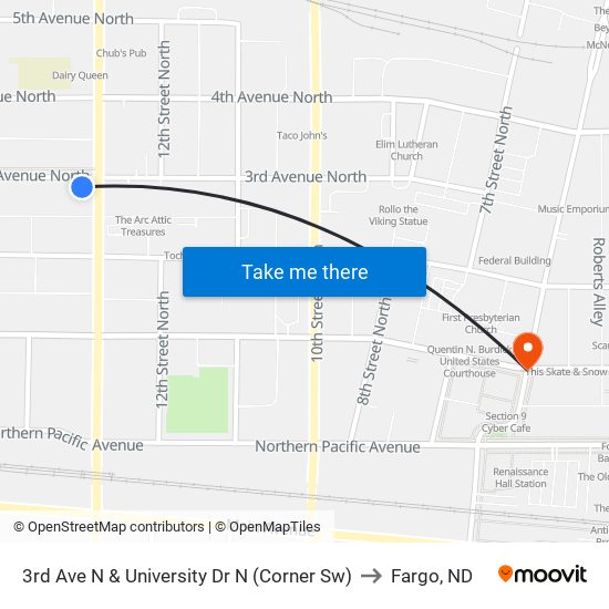 3rd Ave N & University Dr N (Corner Sw) to Fargo, ND map