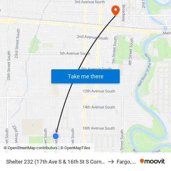 Shelter 232 (17th Ave S & 16th St S  Corner Sw) to Fargo, ND map