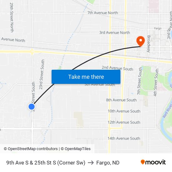 9th Ave S & 25th St S (Corner Sw) to Fargo, ND map