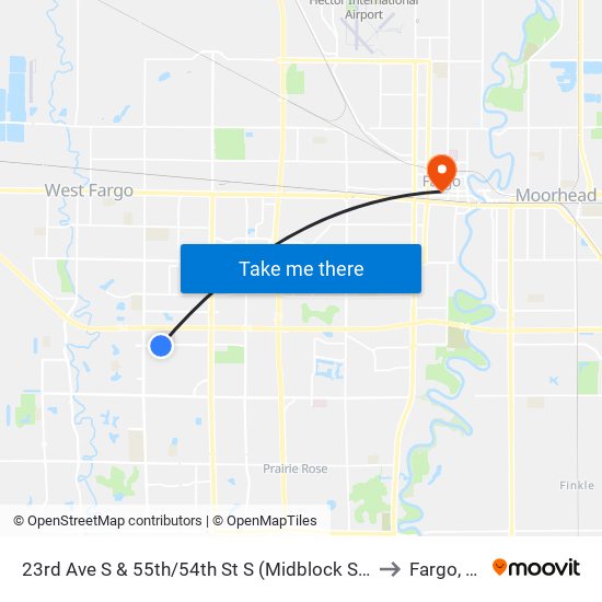 23rd Ave S & 55th/54th St S (Midblock South) to Fargo, ND map