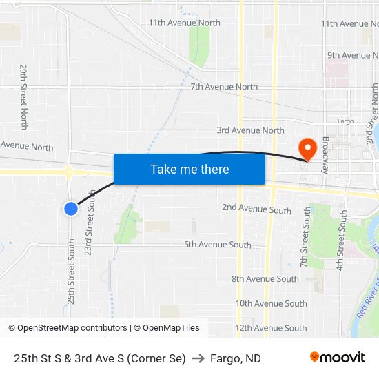 25th St S & 3rd Ave S (Corner Se) to Fargo, ND map